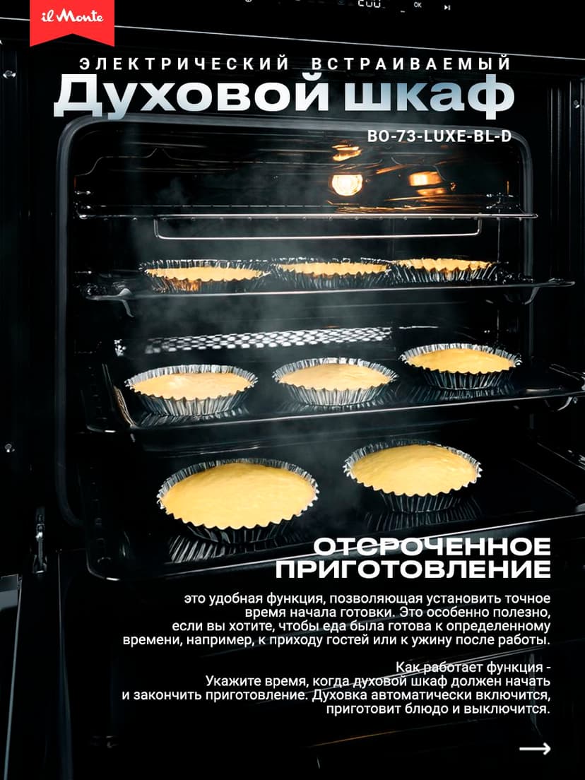 Духовой шкаф электрический встраиваемый, 10 режимов, Аэрогриль, Конвекция, Разморозка, il Monte BO-73--2